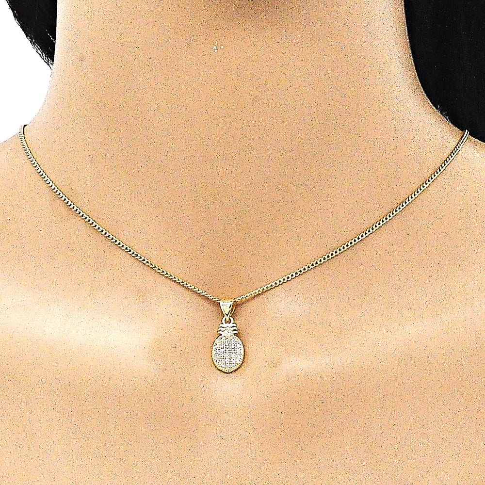 Oro Laminado Earring and Pendant Adult Set, Gold Filled Style Pineapple Design, with White Micro Pave, Polished, Golden Finish