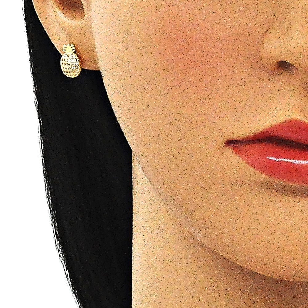 Oro Laminado Earring and Pendant Adult Set, Gold Filled Style Pineapple Design, with White Micro Pave, Polished, Golden Finish
