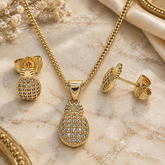 Oro Laminado Earring and Pendant Adult Set, Gold Filled Style Pineapple Design, with White Micro Pave, Polished, Golden Finish