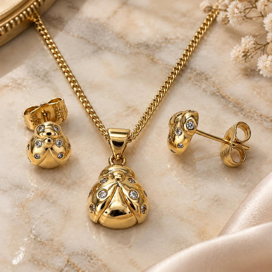 Oro Laminado Earring and Pendant Adult Set, Gold Filled Style Ladybug Design, with White Micro Pave, Polished, Golden Finish