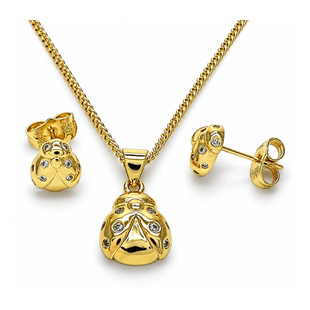 Oro Laminado Earring and Pendant Adult Set, Gold Filled Style Ladybug Design, with White Micro Pave, Polished, Golden Finish