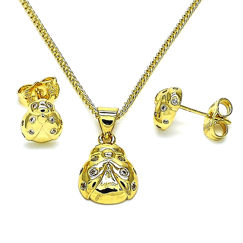 Oro Laminado Earring and Pendant Adult Set, Gold Filled Style Ladybug Design, with White Micro Pave, Polished, Golden Finish