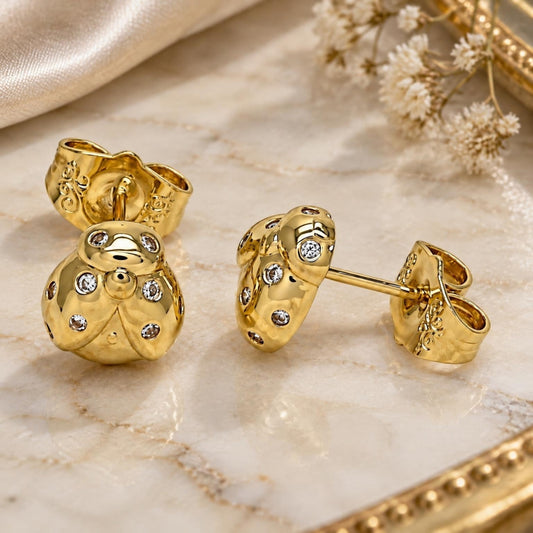 Oro Laminado Stud Earring, Gold Filled Style Ladybug Design, with White Micro Pave, Polished, Golden Finish