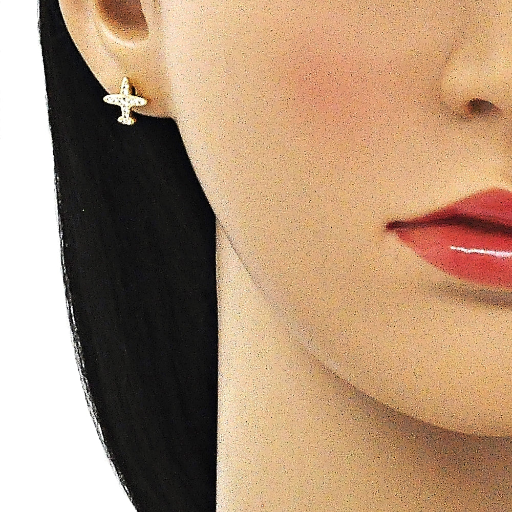 Oro Laminado Stud Earring, Gold Filled Style with White Micro Pave, Polished, Golden Finish