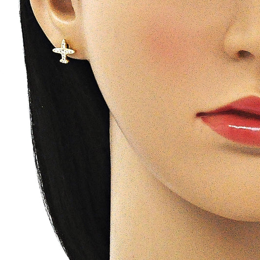 Oro Laminado Stud Earring, Gold Filled Style with White Micro Pave, Polished, Golden Finish