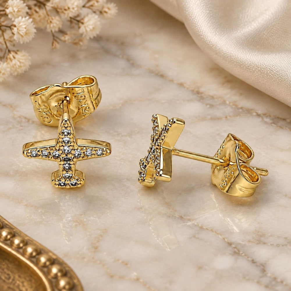 Oro Laminado Stud Earring, Gold Filled Style with White Micro Pave, Polished, Golden Finish
