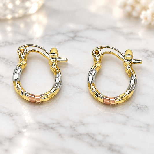 Oro Laminado Small Hoop, Gold Filled Style Diamond Cutting Finish, Tricolor