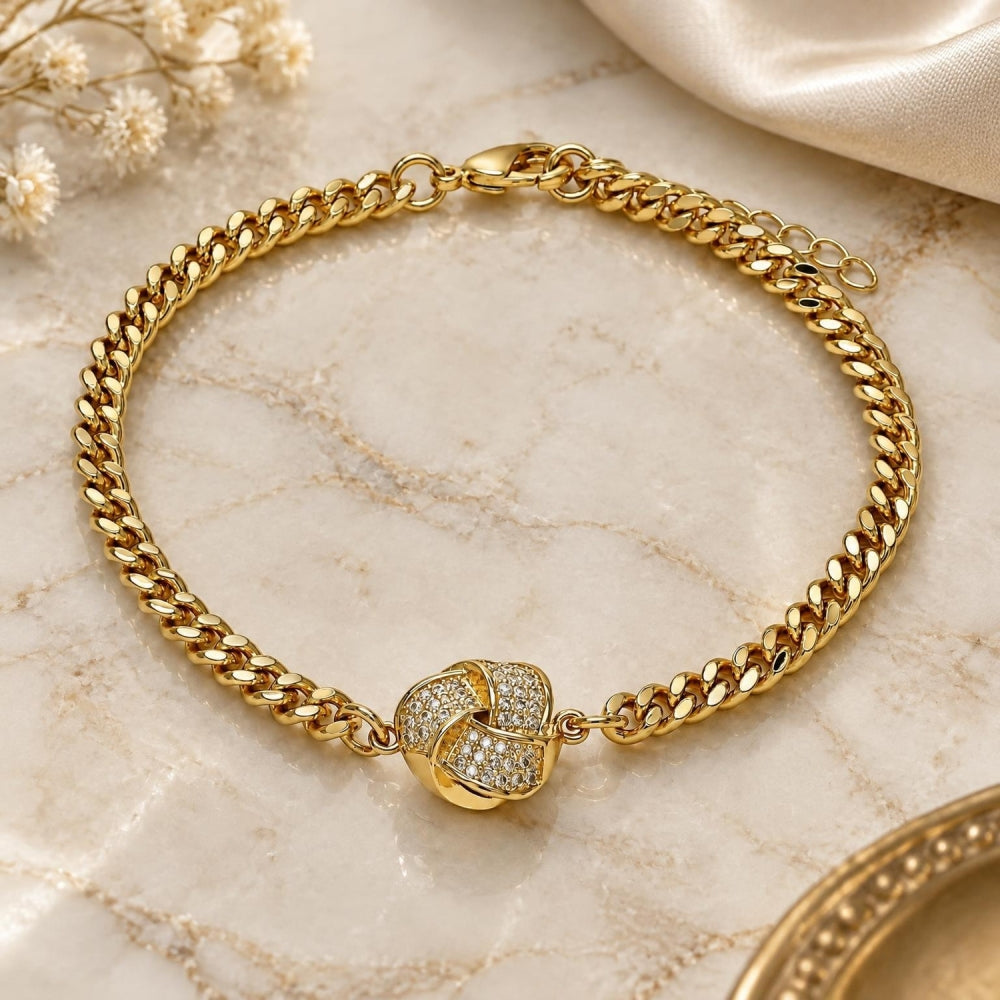 Oro Laminado Fancy Bracelet, Gold Filled Style Love Knot Design, with White Micro Pave, Polished, Golden Finish