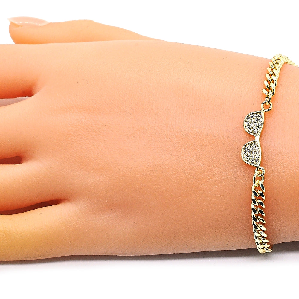 Oro Laminado Fancy Bracelet, Gold Filled Style with White Micro Pave, Polished, Golden Finish