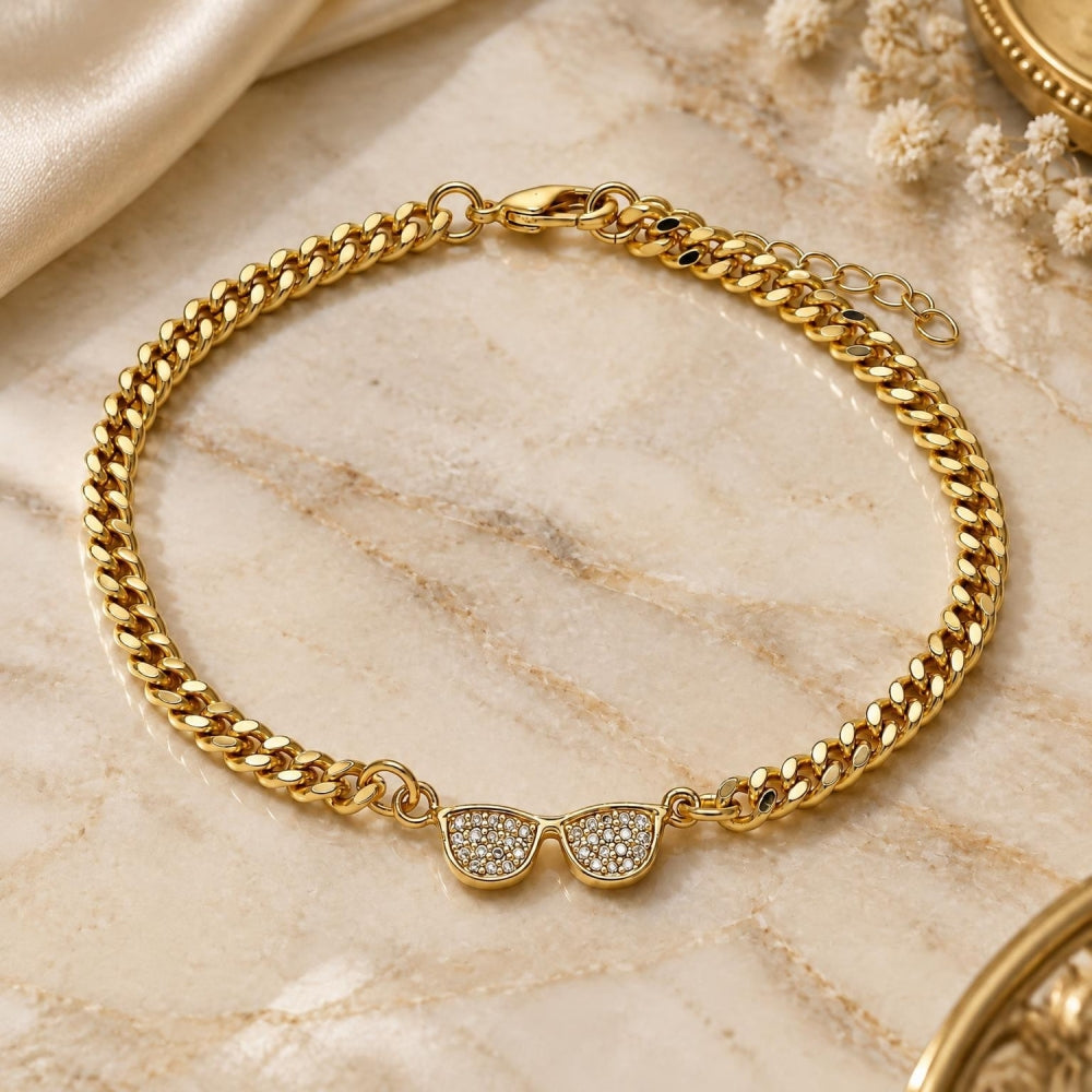 Oro Laminado Fancy Bracelet, Gold Filled Style with White Micro Pave, Polished, Golden Finish