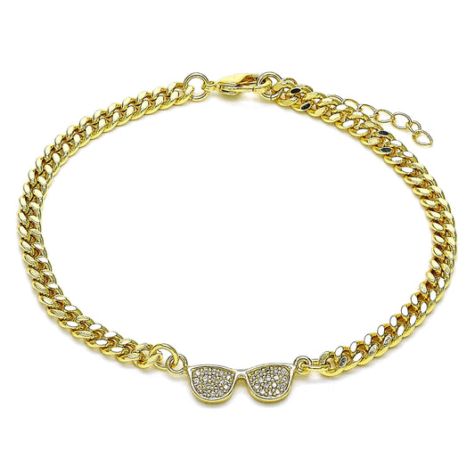 Oro Laminado Fancy Bracelet, Gold Filled Style with White Micro Pave, Polished, Golden Finish