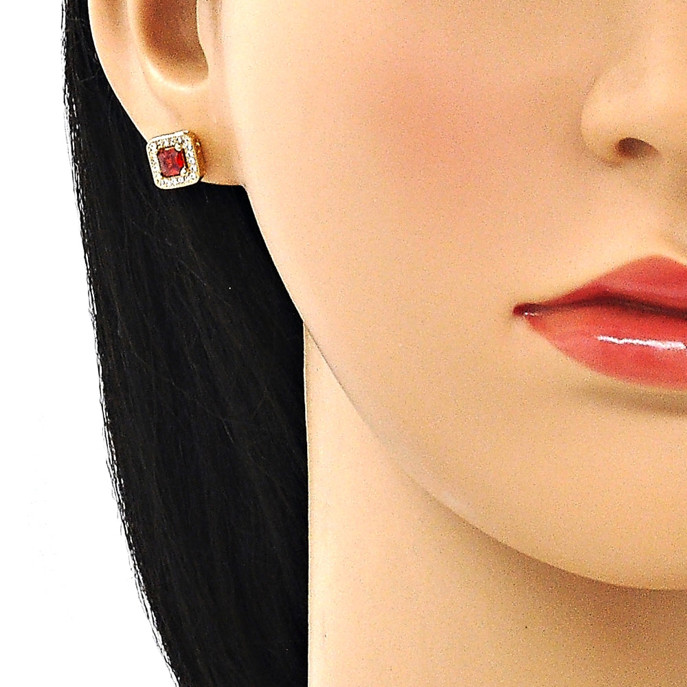 Oro Laminado Stud Earring, Gold Filled Style with Garnet Cubic Zirconia and White Micro Pave, Polished, Golden Finish
