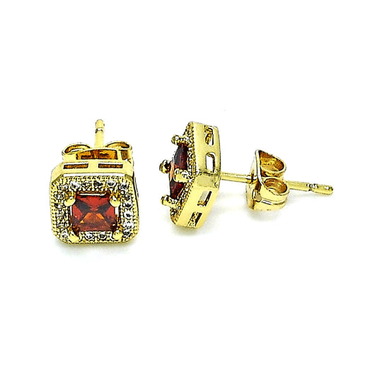 Oro Laminado Stud Earring, Gold Filled Style with Garnet Cubic Zirconia and White Micro Pave, Polished, Golden Finish