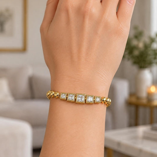 Oro Laminado Fancy Bracelet, Gold Filled Style with White Cubic Zirconia, Polished, Golden Finish