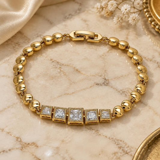 Oro Laminado Fancy Bracelet, Gold Filled Style with White Cubic Zirconia, Polished, Golden Finish