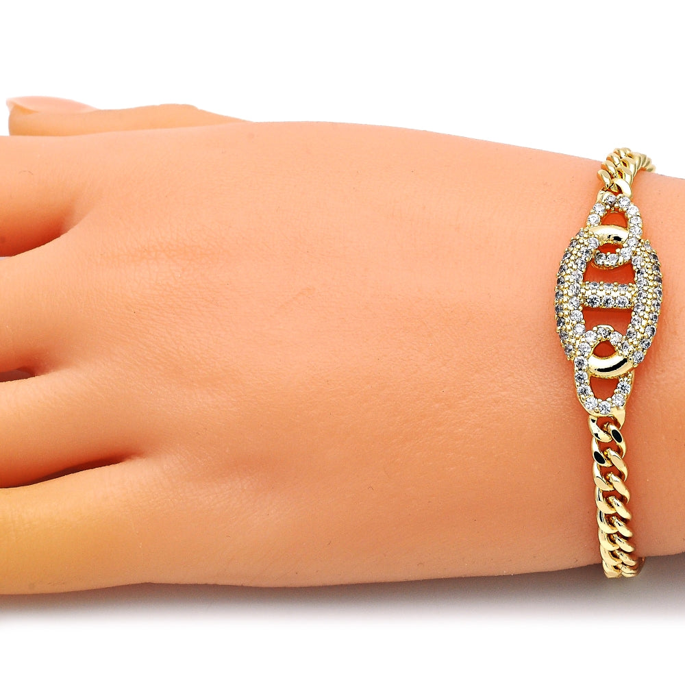 Oro Laminado Fancy Bracelet, Gold Filled Style with White Micro Pave, Polished, Golden Finish