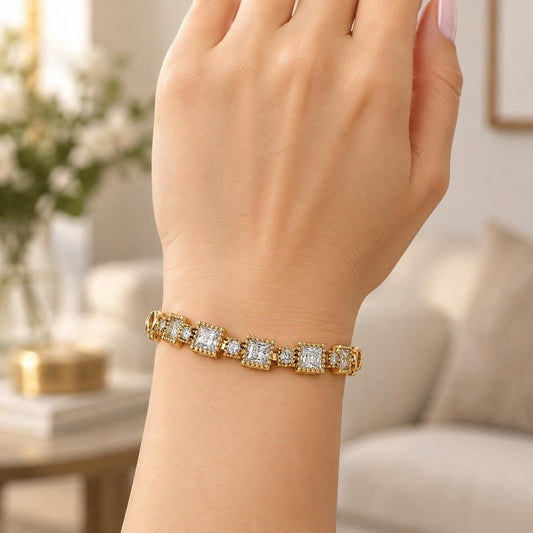 Oro Laminado Fancy Bracelet, Gold Filled Style with White Cubic Zirconia, Polished, Golden Finish