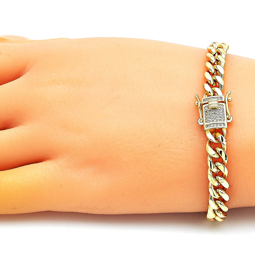 Oro Laminado Basic Bracelet, Gold Filled Style Miami Cuban Design, with White Micro Pave, Polished, Golden Finish