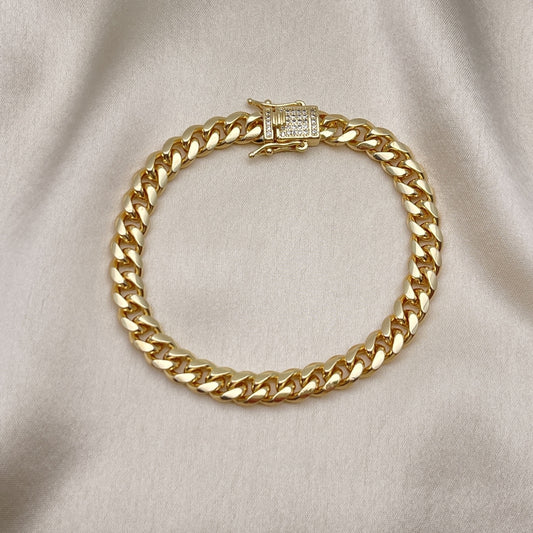 Oro Laminado Basic Bracelet, Gold Filled Style Miami Cuban Design, with White Micro Pave, Polished, Golden Finish