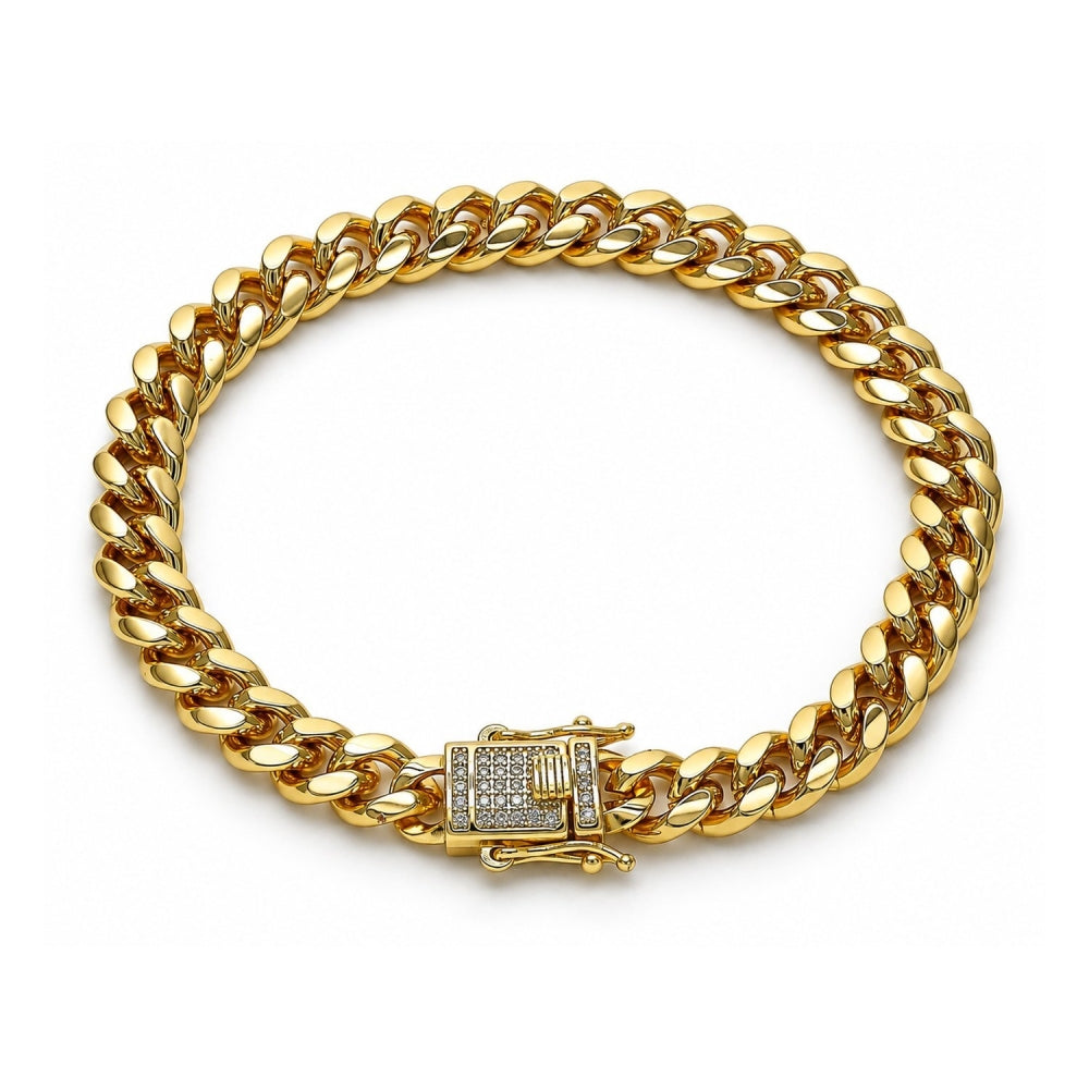 Oro Laminado Basic Bracelet, Gold Filled Style Miami Cuban Design, with White Micro Pave, Polished, Golden Finish