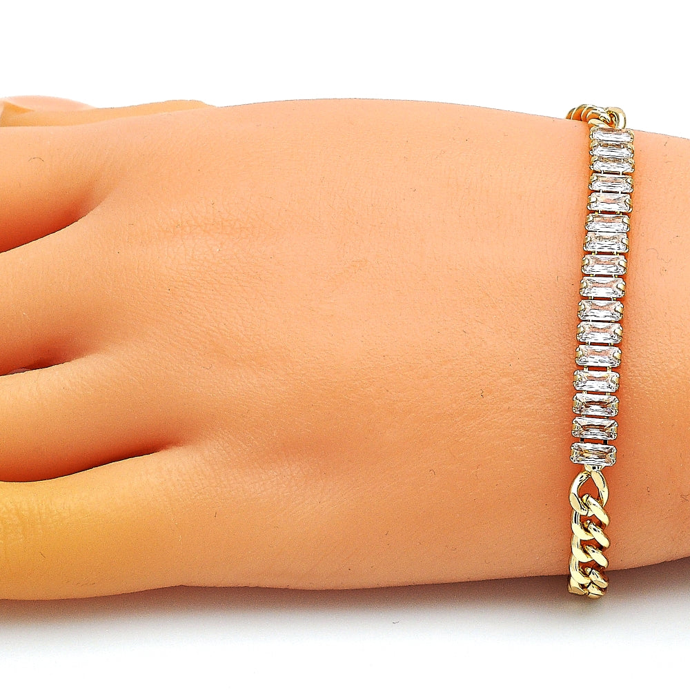 Oro Laminado Fancy Bracelet, Gold Filled Style Baguette Design, with White Cubic Zirconia, Polished, Golden Finish