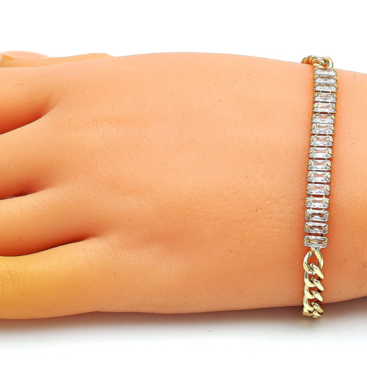 Oro Laminado Fancy Bracelet, Gold Filled Style Baguette Design, with White Cubic Zirconia, Polished, Golden Finish