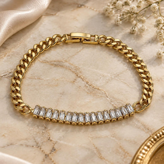 Oro Laminado Fancy Bracelet, Gold Filled Style Baguette Design, with White Cubic Zirconia, Polished, Golden Finish