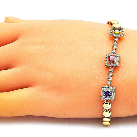 Oro Laminado Fancy Bracelet, Gold Filled Style with Multicolor Cubic Zirconia and White Micro Pave, Polished, Golden Finish