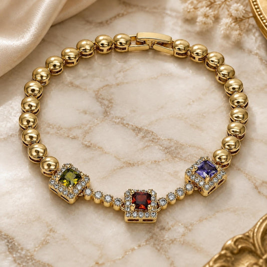 Oro Laminado Fancy Bracelet, Gold Filled Style with Multicolor Cubic Zirconia and White Micro Pave, Polished, Golden Finish