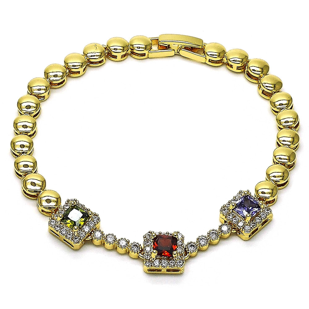 Oro Laminado Fancy Bracelet, Gold Filled Style with Multicolor Cubic Zirconia and White Micro Pave, Polished, Golden Finish