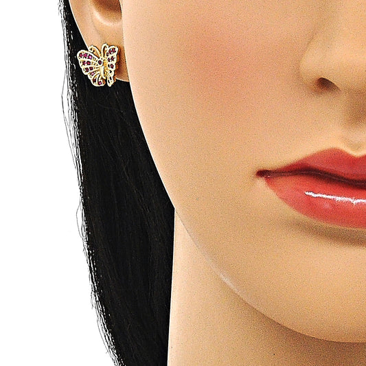 Oro Laminado Stud Earring, Gold Filled Style Butterfly Design, with Ruby Micro Pave, Polished, Golden Finish