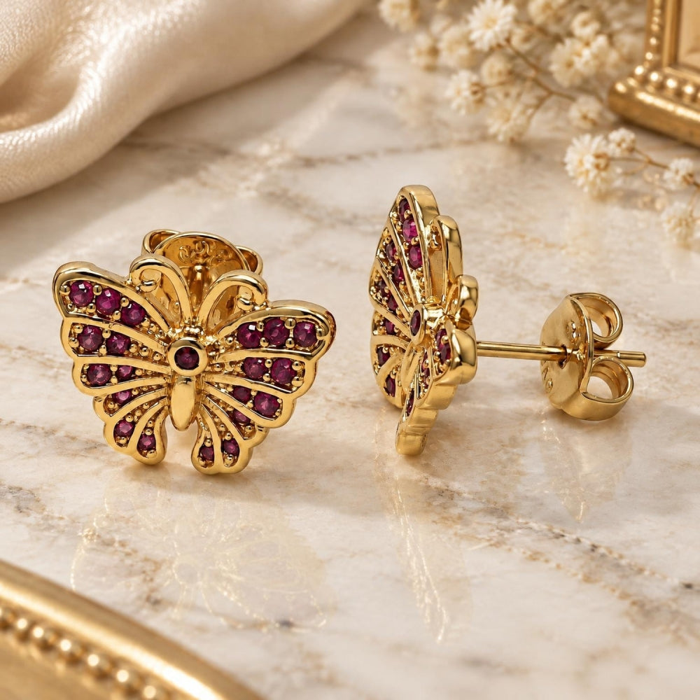 Oro Laminado Stud Earring, Gold Filled Style Butterfly Design, with Ruby Micro Pave, Polished, Golden Finish