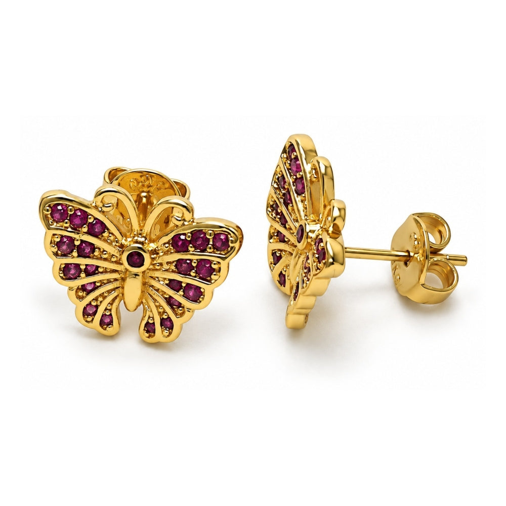 Oro Laminado Stud Earring, Gold Filled Style Butterfly Design, with Ruby Micro Pave, Polished, Golden Finish