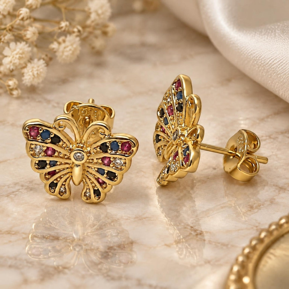 Oro Laminado Stud Earring, Gold Filled Style Butterfly Design, with Multicolor Micro Pave, Polished, Golden Finish