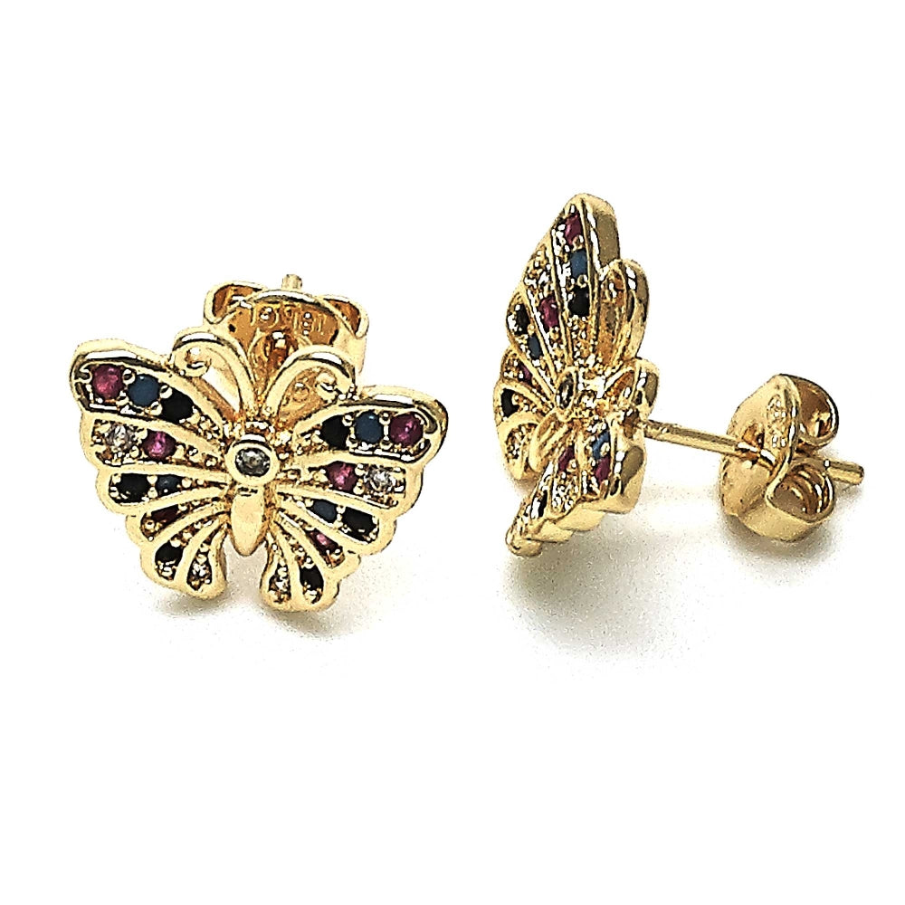 Oro Laminado Stud Earring, Gold Filled Style Butterfly Design, with Multicolor Micro Pave, Polished, Golden Finish