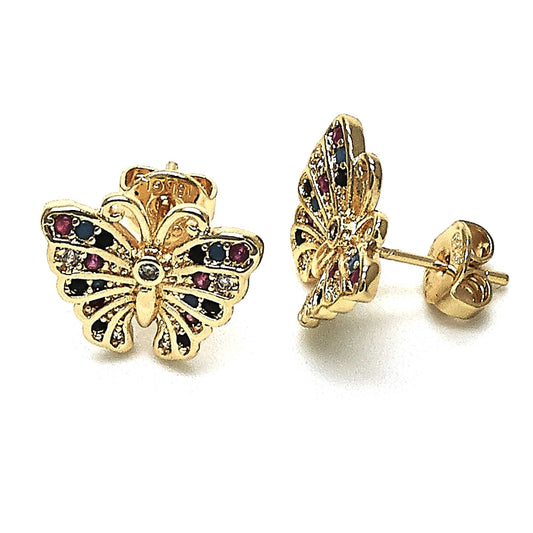 Oro Laminado Stud Earring, Gold Filled Style Butterfly Design, with Multicolor Micro Pave, Polished, Golden Finish