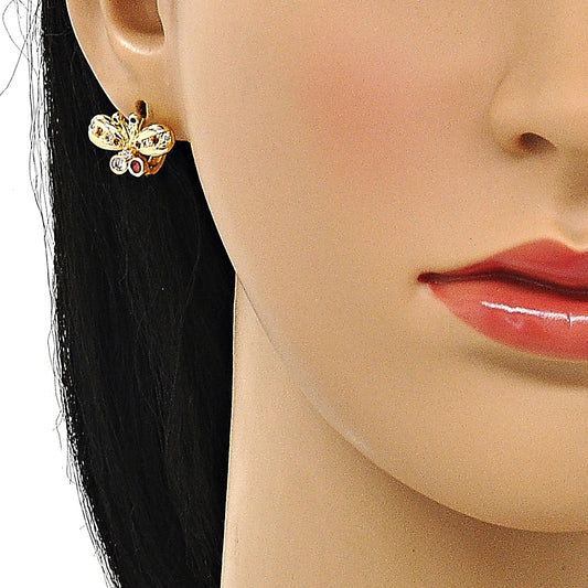 Oro Laminado Huggie Hoop, Gold Filled Style Butterfly Design, with Garnet Cubic Zirconia and White Micro Pave, Polished, Golden Finish