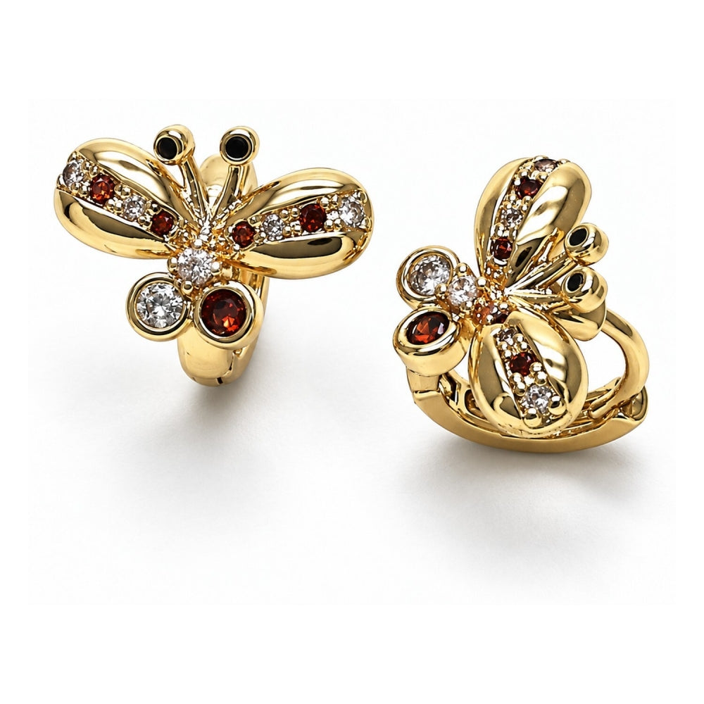 Oro Laminado Huggie Hoop, Gold Filled Style Butterfly Design, with Garnet Cubic Zirconia and White Micro Pave, Polished, Golden Finish