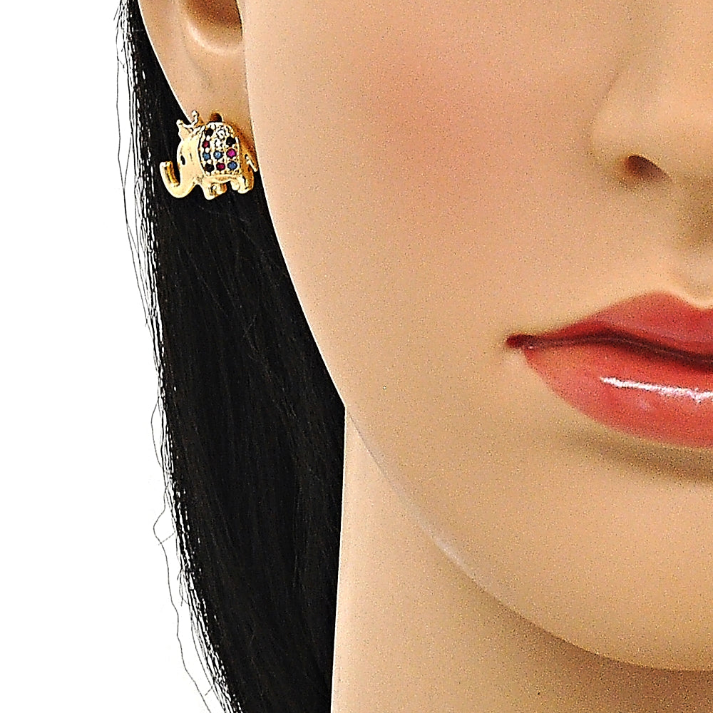 Oro Laminado Stud Earring, Gold Filled Style Elephant and Crown Design, with Multicolor Micro Pave, Polished, Golden Finish