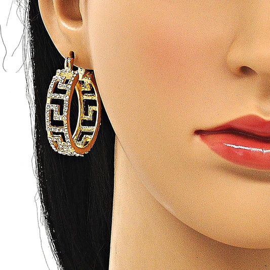 Oro Laminado Medium Hoop, Gold Filled Style Evil Eye Design, with White Crystal, Polished, Golden Finish