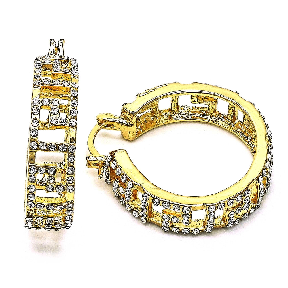 Oro Laminado Medium Hoop, Gold Filled Style Evil Eye Design, with White Crystal, Polished, Golden Finish