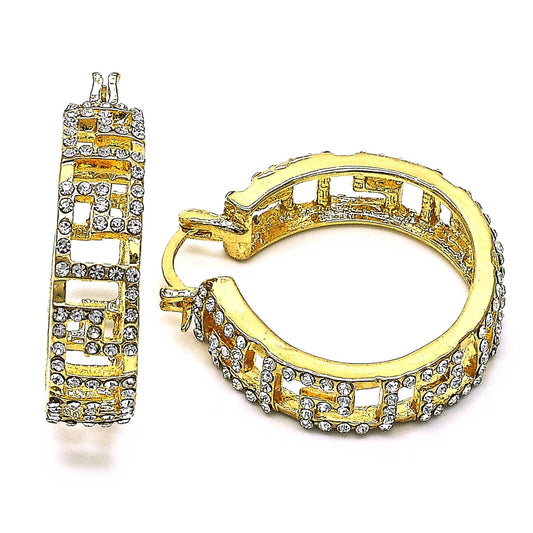 Oro Laminado Medium Hoop, Gold Filled Style Evil Eye Design, with White Crystal, Polished, Golden Finish