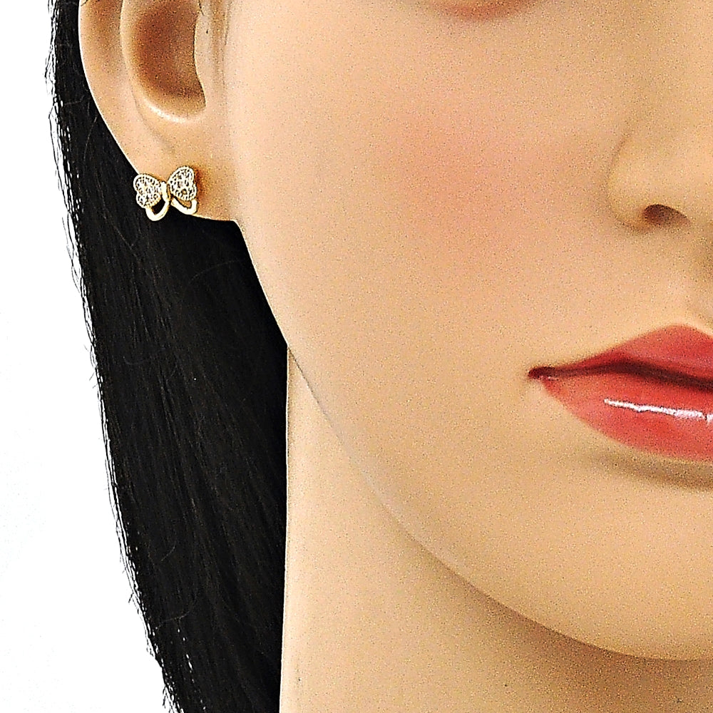 Oro Laminado Stud Earring, Gold Filled Style Bow Design, with White Micro Pave, Polished, Golden Finish