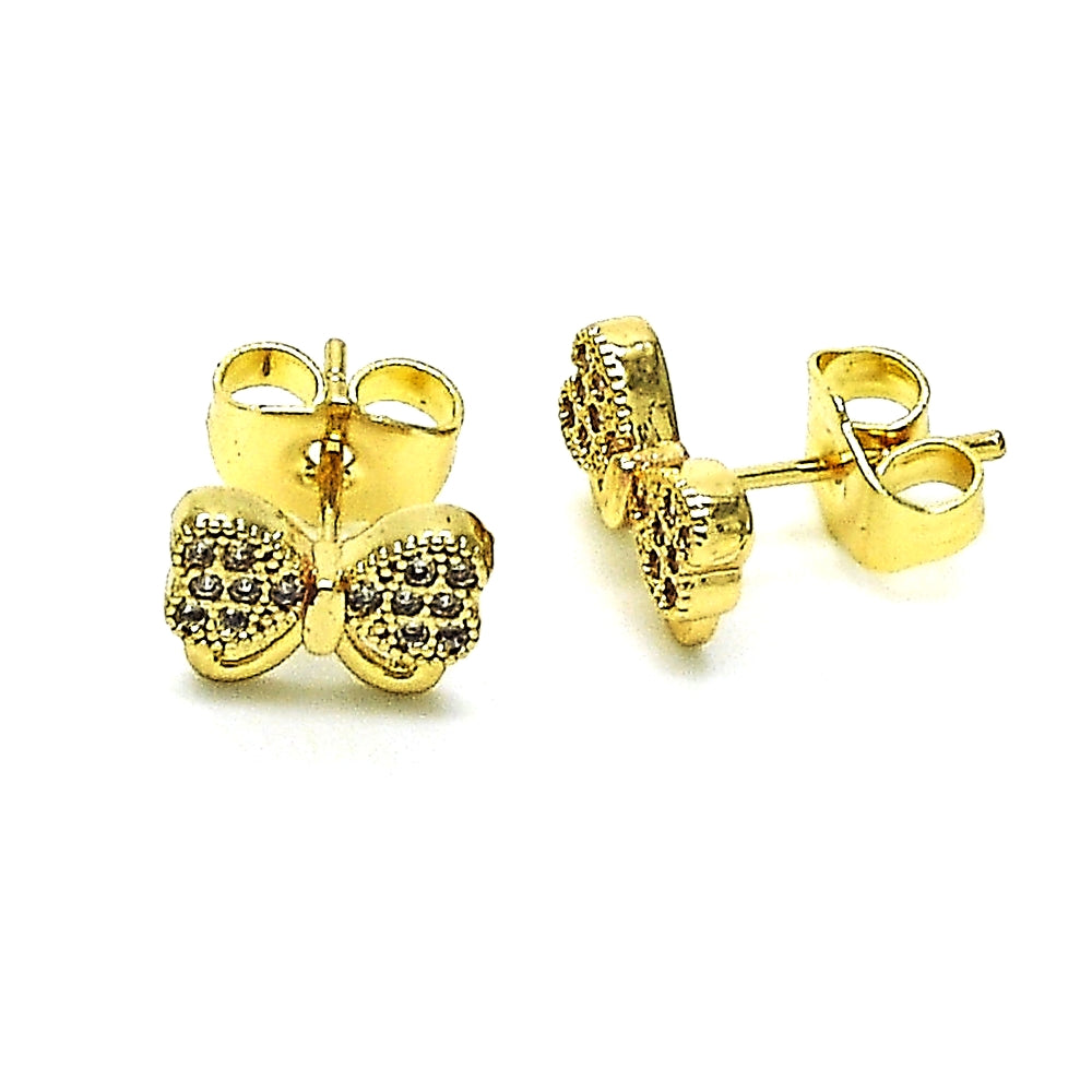 Oro Laminado Stud Earring, Gold Filled Style Bow Design, with White Micro Pave, Polished, Golden Finish