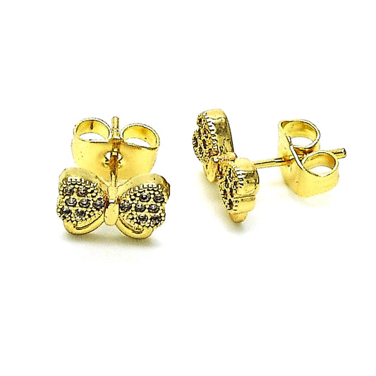 Oro Laminado Stud Earring, Gold Filled Style Bow Design, with White Micro Pave, Polished, Golden Finish