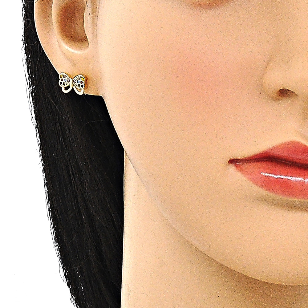 Oro Laminado Stud Earring, Gold Filled Style Bow Design, with Multicolor Micro Pave, Polished, Golden Finish
