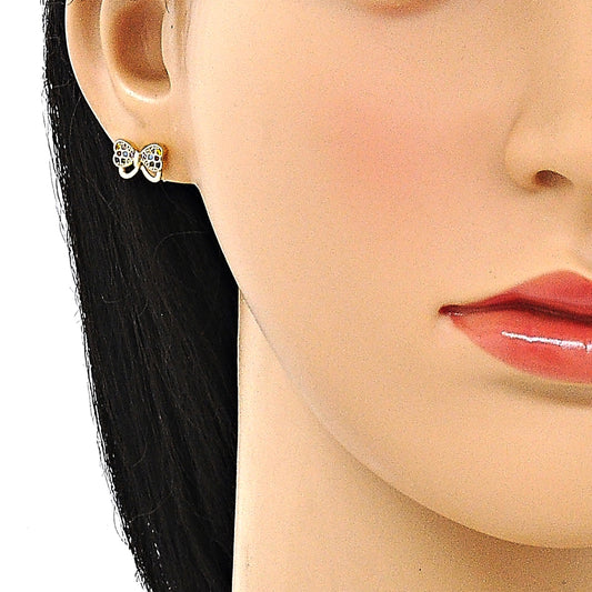 Oro Laminado Stud Earring, Gold Filled Style Bow Design, with Multicolor Micro Pave, Polished, Golden Finish