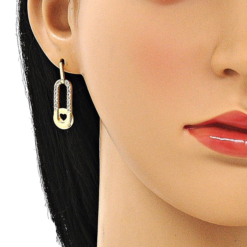 Oro Laminado Dangle Earring, Gold Filled Style Paperclip and Heart Design, with White Micro Pave, Polished, Golden Finish