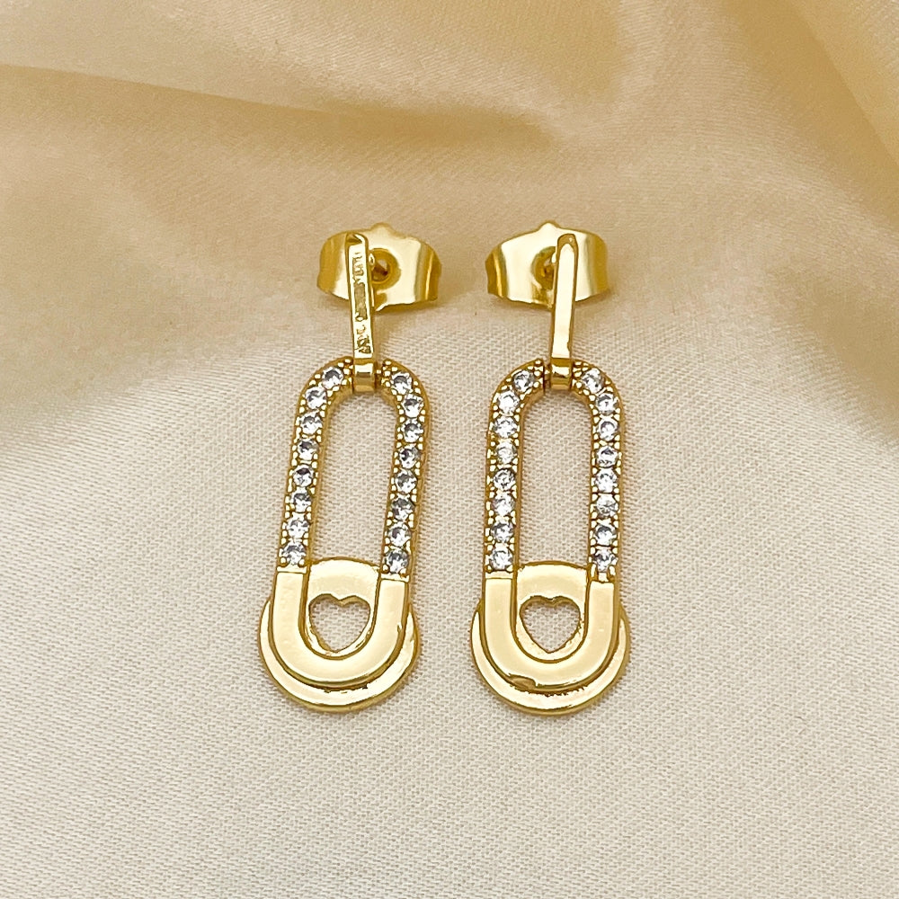 Oro Laminado Dangle Earring, Gold Filled Style Paperclip and Heart Design, with White Micro Pave, Polished, Golden Finish