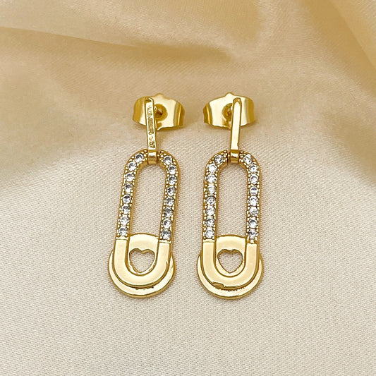 Oro Laminado Dangle Earring, Gold Filled Style Paperclip and Heart Design, with White Micro Pave, Polished, Golden Finish